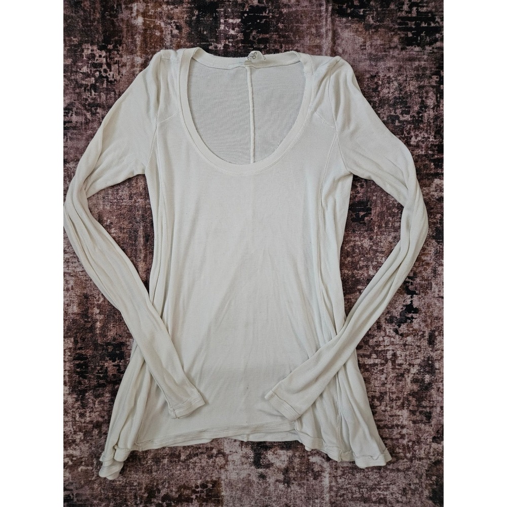Free People Ribbed Thermal Scoop Neck Long Sleeve Top White XS